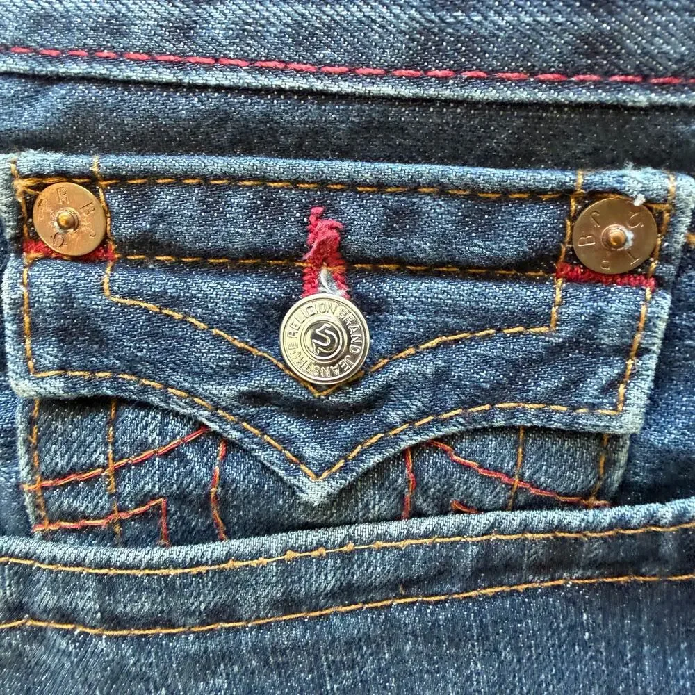 True Religion Straight Cut Denim Jeans Mens Faded Distressed Flap Pocket 40x33